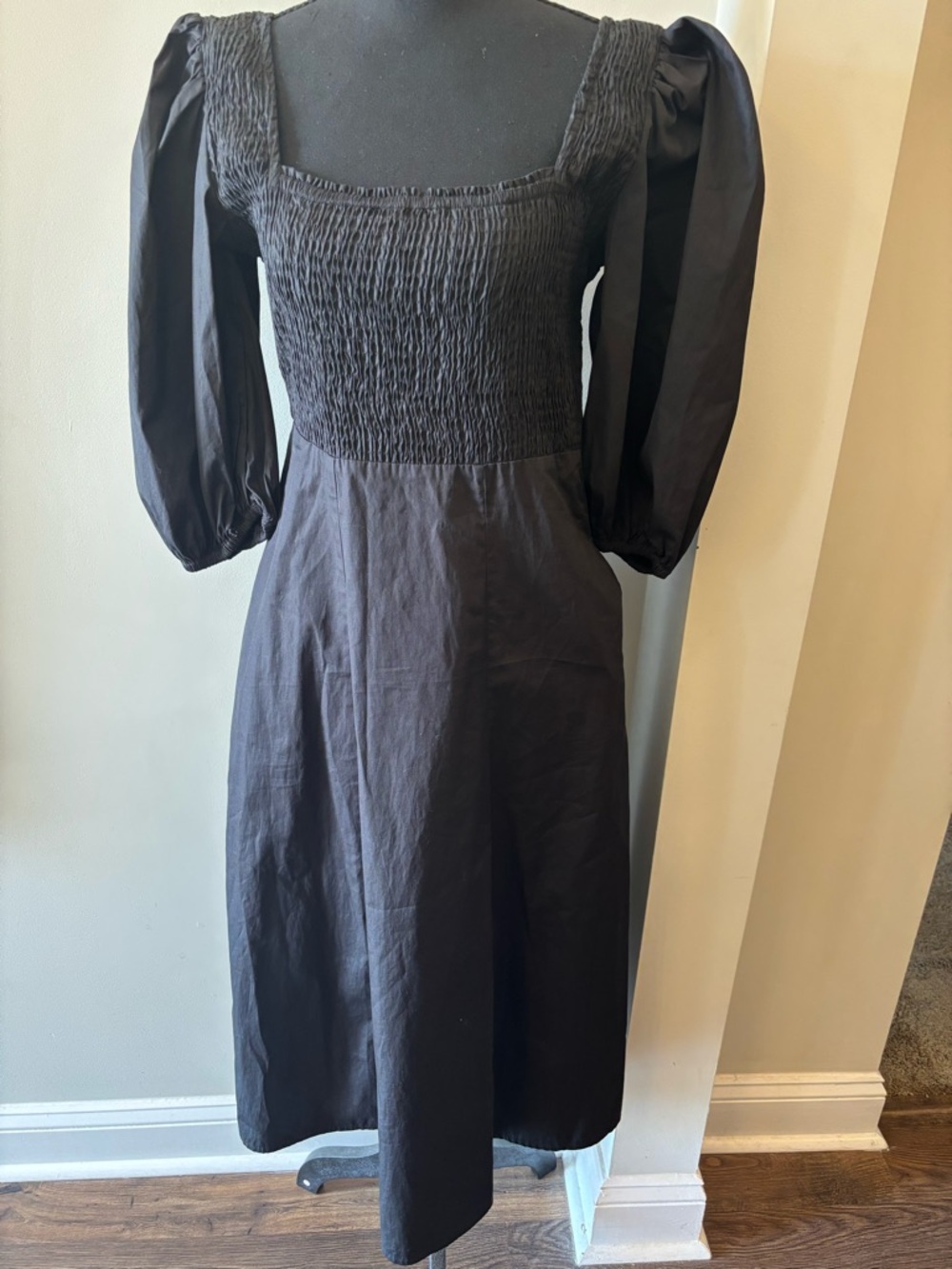 Olivia James Black Square-Neck Puff Sleeve Dress 100% Cotton
